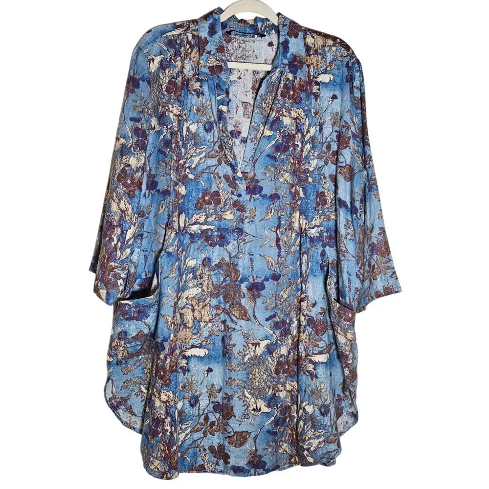 EUC Peruvian Connection Women Linen Trapani Tunic L Blue Floral Boho Artisan - Picture 2 of 14